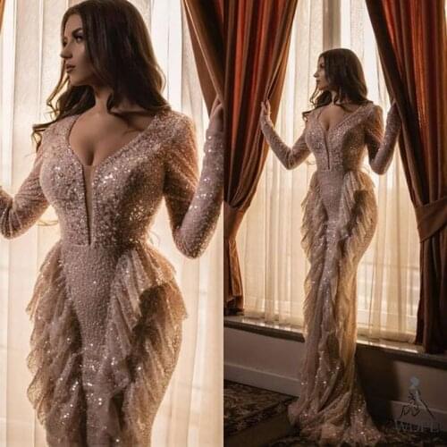2020 Spring Prom Dresses Unique Full Beads Ruffled Mermaid Evening Dress Long Sleeve V Neck Arabic Formal Gown robe de soiree