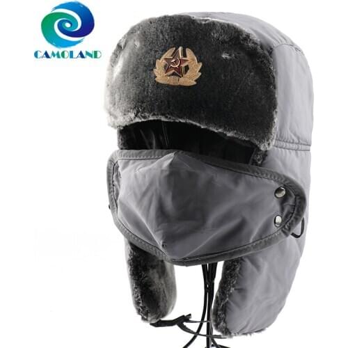 CAMOLAND Winter Super Thermal Faux Fur Bomber Hats Women Men Soviet Army Military Badge Snow Cap Russia Ushanka Earflap Face Hat
