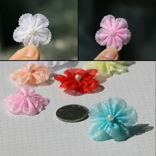100/lot DIY Handmade Ribbon Flowers Adornment Rose Gauze Snow Yarn Pearl Flower Wedding Party Decoration doll clothes accessorie