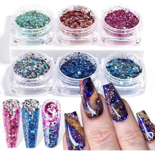 6Pcs Nail Sequins Stylish Thin Plastic Shiny Nail Glitter Powder for Home Nail Powder Gel Polish Flakes for Pigment Manicure