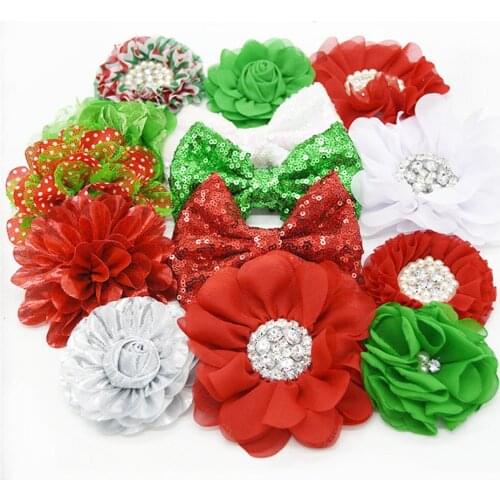Sequin bows-shiny scalloped flower-rhinestone and pearl center flower-chiffon shabby flower 13pcs / lot Christmas gift bag