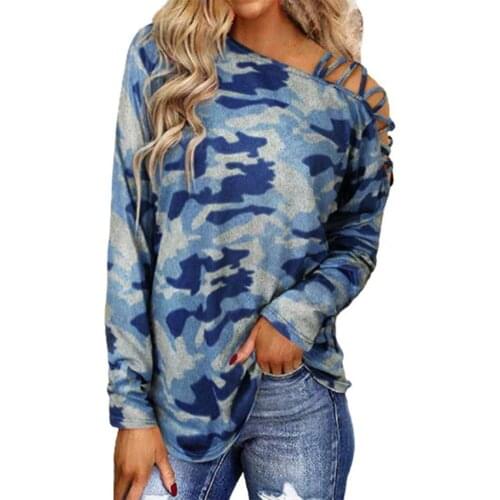 Tie-Dye Printed Long Sleeve Sexy Casual Loose Lady Tops Cross Shoulder Strap Off Shoulder Camouflage Print Blouse Pullover
