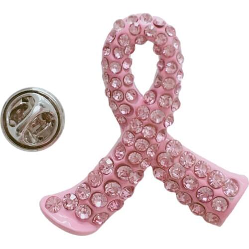 Rhinestone Breast Cancer Awareness Lapel Pins Pink Hope Ribbon Brooch for Women