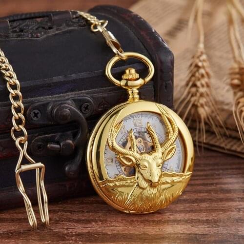 Retro Bronze Silver Goat Design Mechanical Pocket Watch Hand-winding Steampunk Chain Watch Male Fob Clock Men Ladies