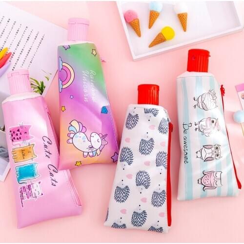 Toothpaste Pencil Case School Unicorn Cat PencilCases for Boy Girl Stationery Student Banana Zipper Pen Box Leather Pencil Bag