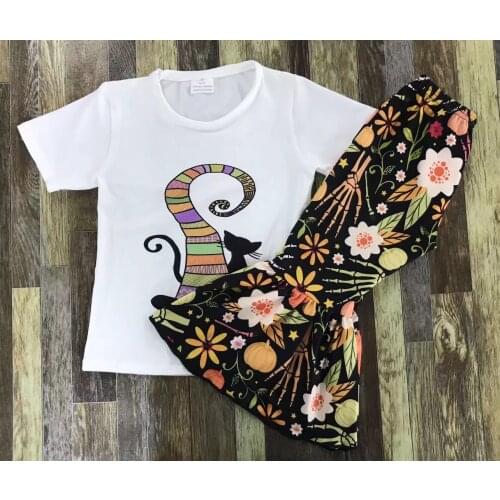 Childrens Halloween boutique vintage black cat cartoon design short sleeve flower skull palm bell bottom set