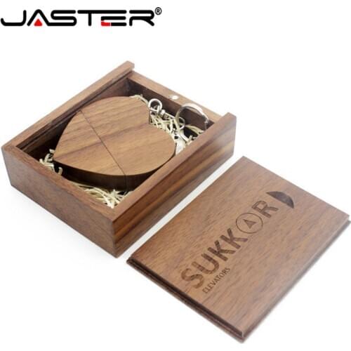 JASTER (over 10 PCS free LOGO) walnut wooden heart+gift box USB flash drive creative pendrive 8GB 16GB 32GB 64GB memory stick