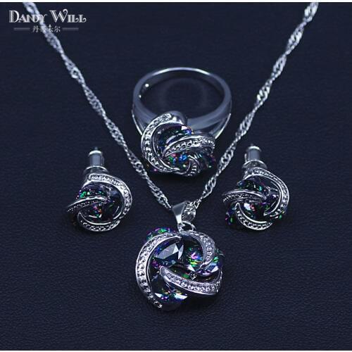 Classic Multicolor Rainbow Zircon For Women silver color Jewelry Sets Necklace Pendant Earrings Rings Free Shipping