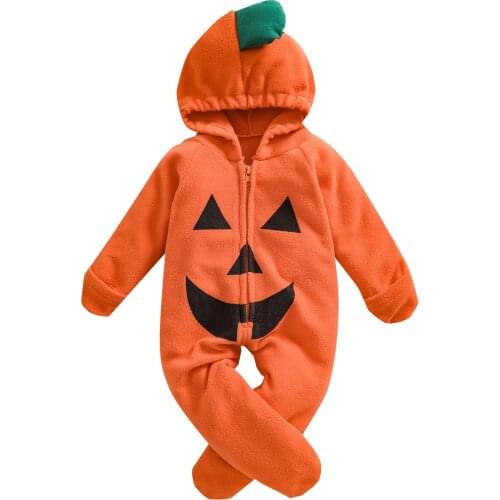 Citgeett Autumn Halloween Infant Baby Girls Boys Pumpkin Hooded Romper Long Sleeve Full Zip Footed Jumpsuit Warm Outwear