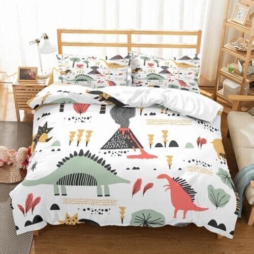 Teens Dinosaur Bedding Set 3D Green Yellow Pink Dinosaurs Black Volcanos Print White Duvet Cover Set 2/3 Piece with Pillowcase