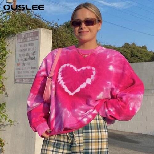 OUSLEE Women Korean Heart Pattern Y2K Aesthetics Pink O-neck Pull Sweatshirts Tie Dye Crewneck Long Sleeve Tops Autumn Pullovers