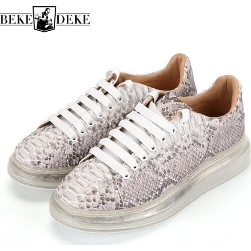 Luxury Mens Python Real Leather Shoes Casual Lace Up Platform Sneakers Footwear Round Toe 2021 Fashion Man Joggers Leather Shoes