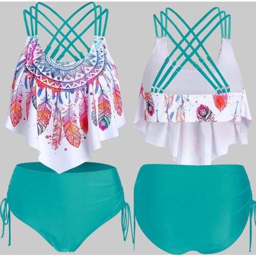 Boho Tankini Swimsuits Women Feather Tropical Print Bikini Sexy Brazilian Push-up Padded Overlay Flounce Crisscross Swimwear J6