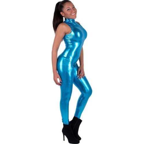 LZCMsoft Womens Turquoise Wet Look Sleeveless Turtle Neck Catsuits Shiny Metallic Dancewear Gold Spandex Unitard Sexy Bodysuits