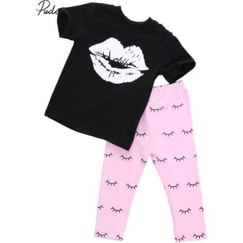 Fashion Cute Kids Baby Girls Big Red Lip Print Short Sleeve T-shirt+pink Pants 2pcs Set 0-4years