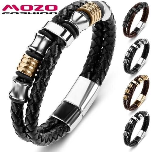 MOZO FASHION 2020 Men Jewelry Black Leather Braided Rope Chain Stainless Steel Magnet Buckle Bracelets for Women Party Gifts 067
