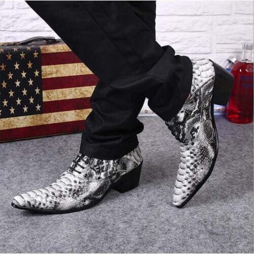 2018 new arrival genuine leather pointed toe snake print handmade men dress shoes fashion python high heels hairdresser shoes
