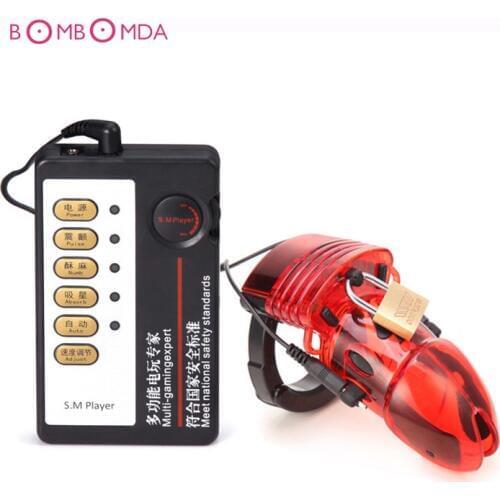 Man Electric Shock Pulse Chastity Lock Cock Cage Chastity Device Male Lock Penis Ring Chastity Belt Cage SM Player Gay Sex Toys