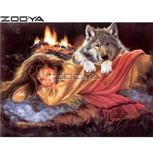 ZOOYA Diamond Embroidery 5D DIY Round Diamond Painting Wall Sticker Pictures Of Rhinestone Cross-Stitch Kit Wolf Girl Fire R1635