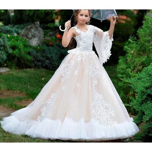 New Beige Tulle Lace Flower Girl Dresses for Wedding Kids Clothes Pageant Dresses Communion Gown Size 2-16Y