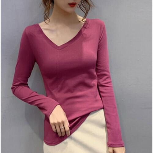 Plain White Cotton Women Long Sleeve T Shirt Skew Collar Slim Korean Style Popsocket Tee Shirt Vogue T-shirts 2020 Camisetas