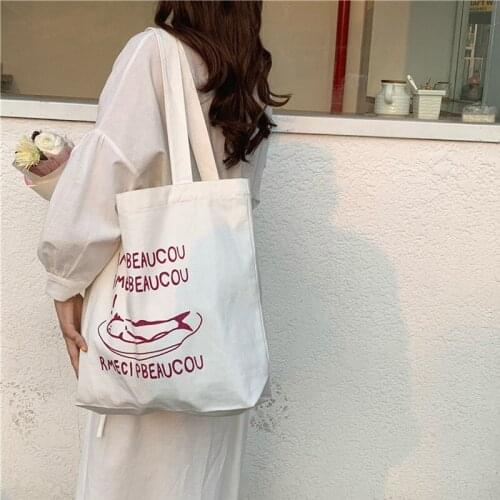 Women Canvas Shopping Bag Large Capacity White Cotton Fabric Shoulder Bag Ladies Handbag Casual Tote Foldable Bags For Groceries