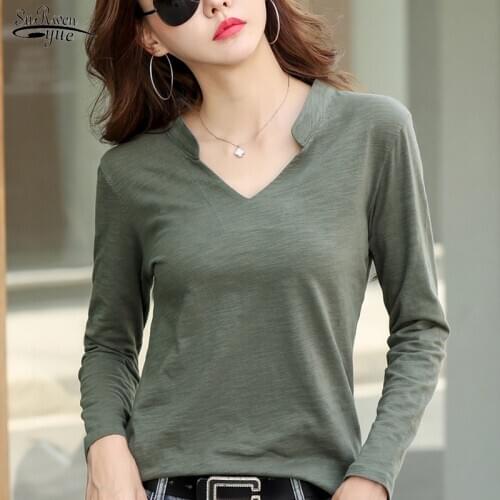 Long Sleeve Womens Fashion 2021 Plus Size Loose Woman Tshirts V-Neck Cotton White Tee Top Office Ladies Femme T-shirts 13172
