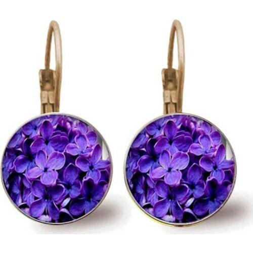 Fashion Beautiful Purple Lavender Charm Ladies Earrings Flower Round Glass Convex Dome Earrings Jewelry Earrings Souvenir Happy