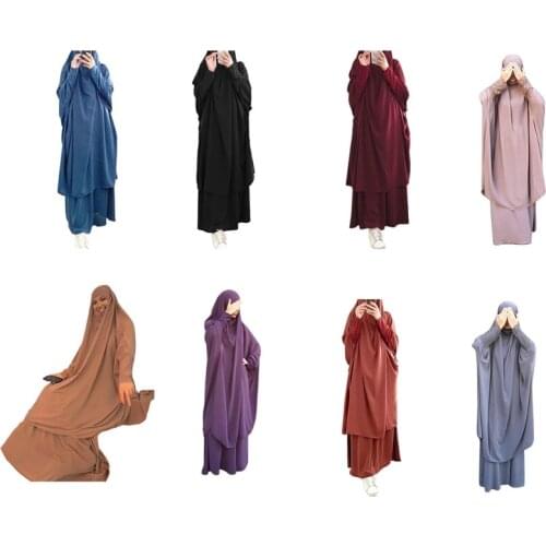 Womens 2 Pieces Muslim Prayer Dress Long Sleeve Hijab Scarf Khimar and Skirt Set Islamic Abaya Full Length Kaftan Robe