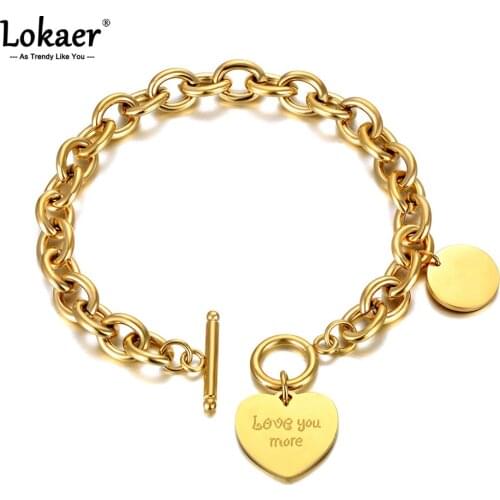 Lokaer Trendy Titanium Stainless Steel Love You More Heart Charm Bracelets For Women Hyperbole Chain Link Jewelry Браслет B21031