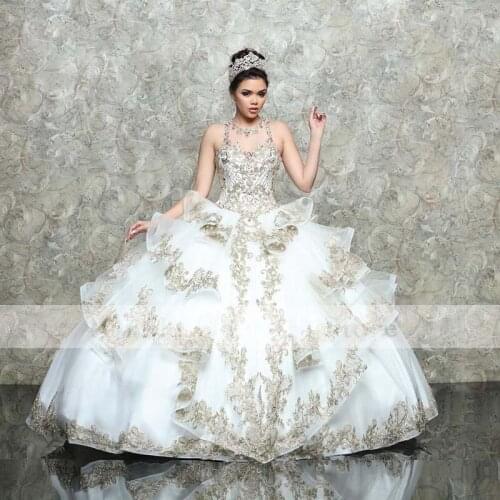 White Champagne Sequins Lace Quinceanera Dresses 2021 Sweet 16 Ball Gown Prom Dress Lace-up vestidos de 15 años