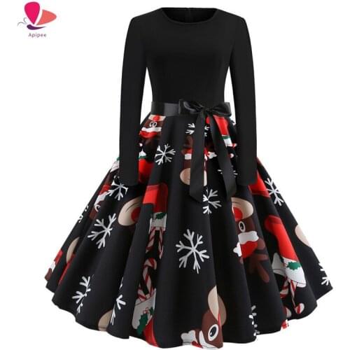 Women Christmas Dress Vintage Dress Santa Claus Print Women Dress 2021 Party Dress Long Sleeve A Line Rockabilly Jurk Spring