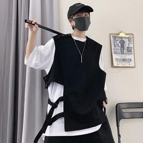 2021 New Fashion Men Vests Streetwear Unique Black Simple Vests HipHop Punk Jacket Men Sleeveless Coats Summer Loose Comfortable