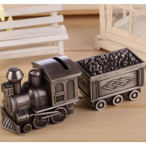 Vintage Piggy Bank Locomotive Loco Railway Alloy Owl Money Box Train Engraving Kids Birthday Party Gift Favors