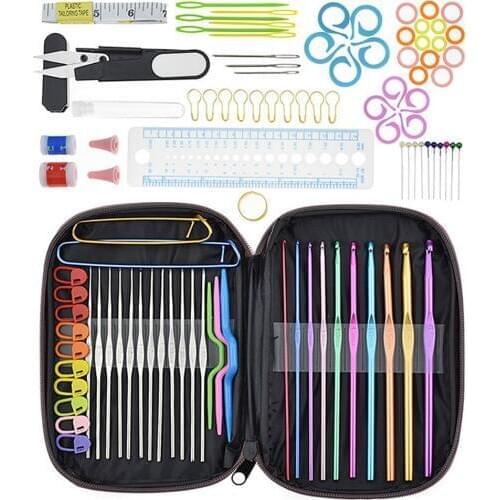 100pcs Aluminum Crochet Hook Knitting Needles Sewing Tools Set Sweater Knit Weave Craft Sewing Needle Set Kit Gauge Scissors Pin