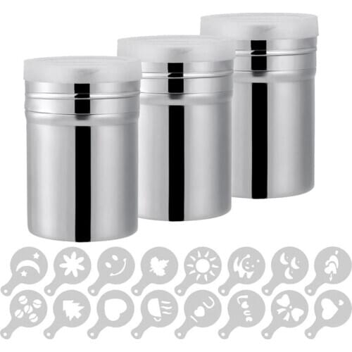 3 Pack Coffee Cocoa Stainless Steel Powder Shaker with Lid,Baking Cooking Home Restaurant with Printing Molds Stencils