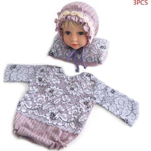 3 Pcs/set Newborn Month Photography Suits Baby Girls Boys Photo Props Infants Lace Cap Pillow Clothes Set E65D