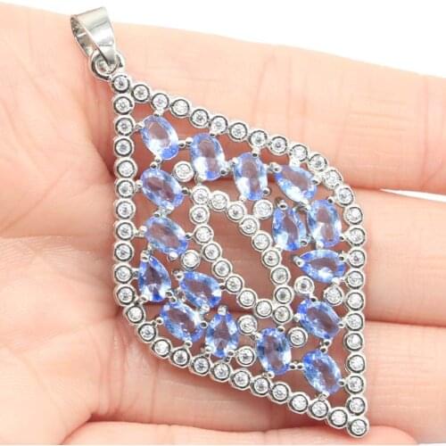 30x19mm Gorgeous Created Blue Aquamarine Pink Morganite Iolite White Zircon Womans Silver Pendant Daily Wear