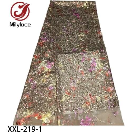 African Lace Fabric with Sequins Embroidered High Quality Mesh Fabrics 5 Yards/piece for Wedding Dress Bridal Gown Lace XXL-219