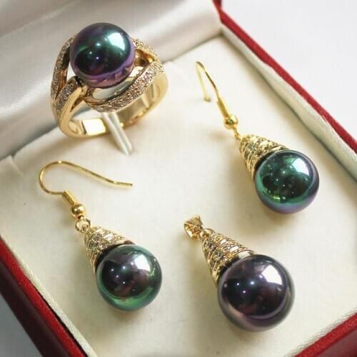 Noble new jewelry purple 18KGP + 12mm shell pearl pendant, earring, , ring set jade