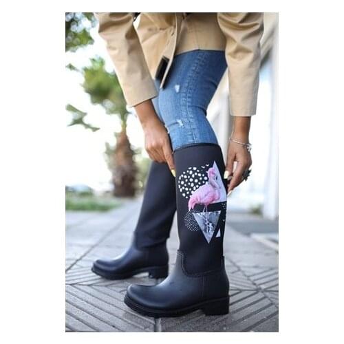Womens winter autumn new season fashion boots waterproof PVC Materyale black Layd shoes Raund toe stretch fabric