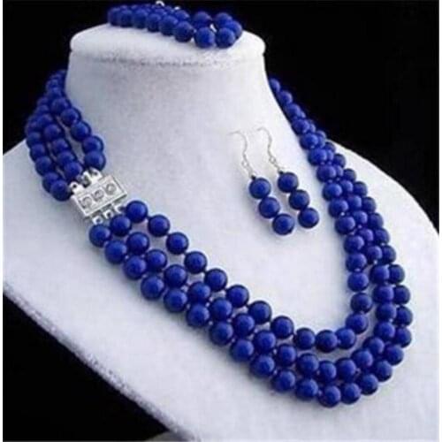 Hot sell new - 3 rows 8mm lapis lazuli necklace bracelet earring sets NEW