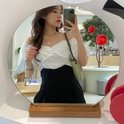 Korea Leaky Clavicle Lace Embellished Puff Sleeve Top