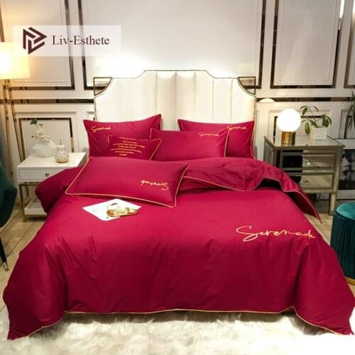 Liv-Esthete 100% Cotton Red Bedding Set Embroidery Duvet Cover Set Flat Sheet Pillowcase Double Queen King For Adult Wedding