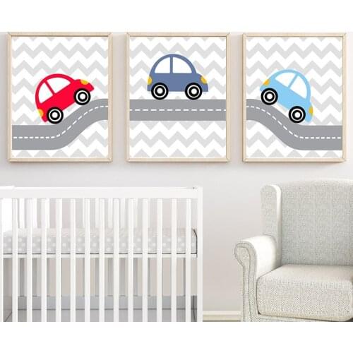 Cute Cartoon Car Prints Suits Canvas Art Baby Boy Nursery Wall Picture Red and Blue Posters Colorful Painting for Living Room