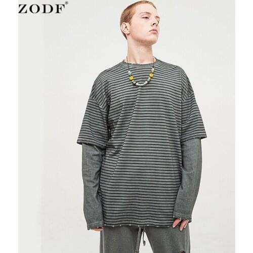 ZODF Trendy Mens Autum 260gsm Cotton Striped T Shirts Unisex Loose Oversized Fake 2 Pieces Full Sleeve T-Shirt Tees HY0273