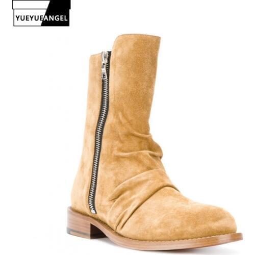 Fashion Runway Mens Suede Leather Boots High Top Mid Calf Work Safety Shoes Genuine Leather Botas Militares Riding Shoes