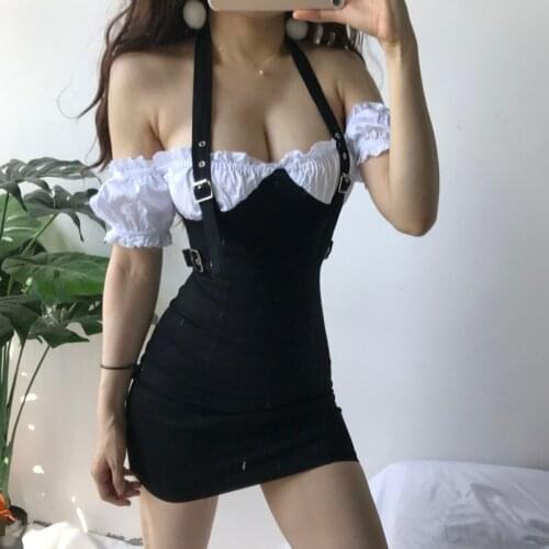New Women Fashion wide shoulder strap Halter Ruffle Bubble Sleeve Fake Two Piece Design Color Matching Sexy Backless Dress