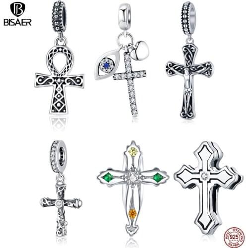 BISAER Christmas Gift 925 Sterling Silver Cross Charm Zircon Bead Pendant Fit Bracelet Necklace DIY Jewelry Making ECC1327