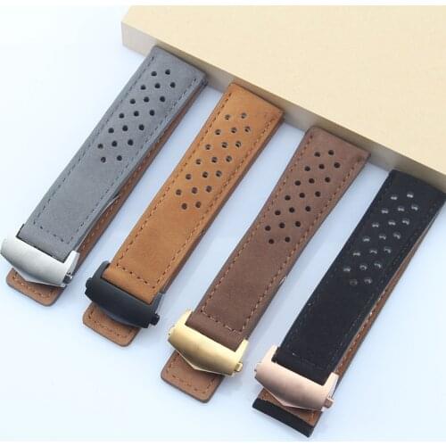 Genuine Leather 22 24mm Lovers Watchband For TAG Heuer Deployment Clasp Wrist Bracelet Straight End Watch Strap Black Brown Grey